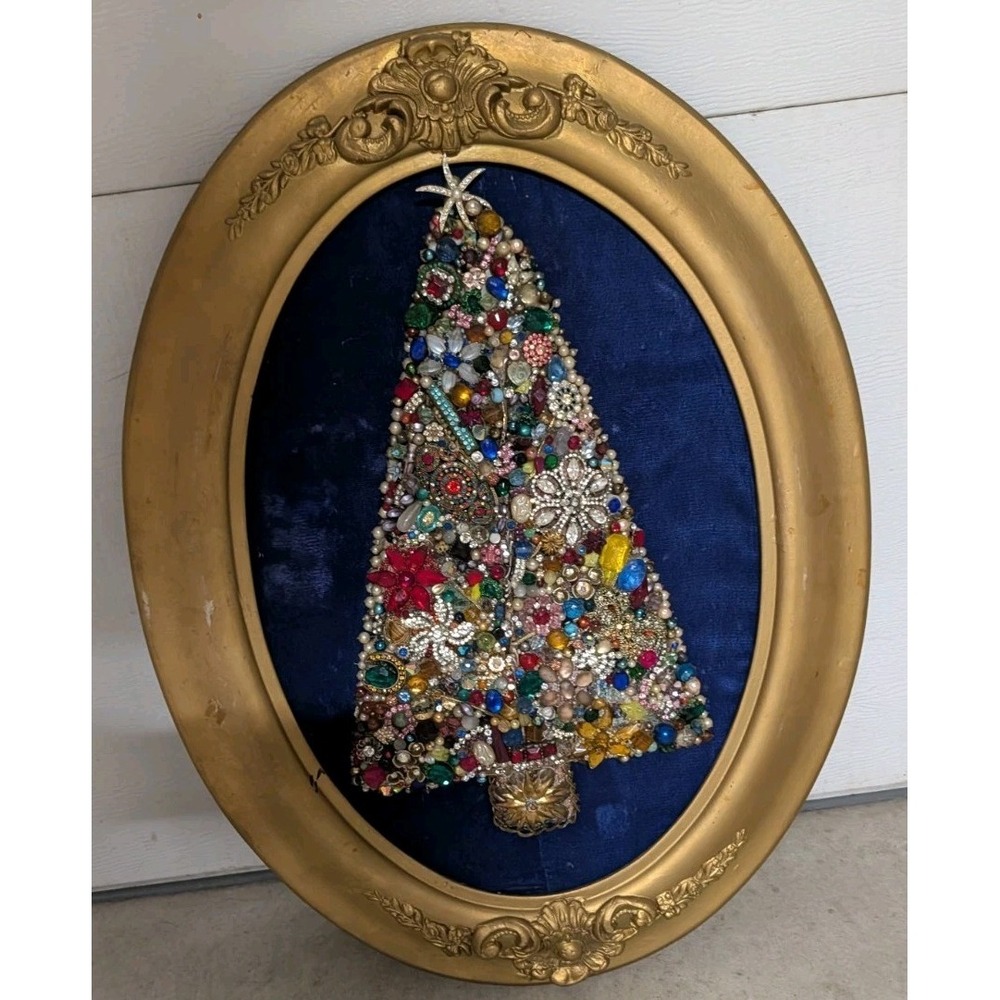 Mid Century Costume Jewelry Folk Art Christmas Tree Framed Large 18"x24" Lighted